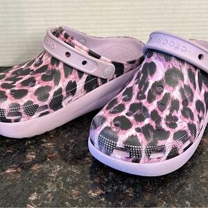 Girls Purple Cheetah Platform CROCS  Size 3